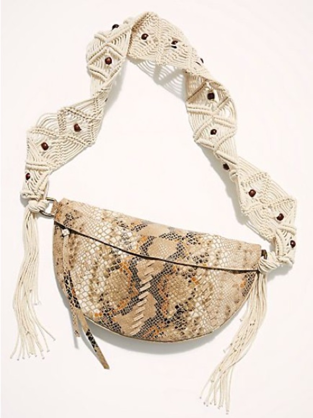 Free People Farrah Faux Snakeskin Macramé Sling Crossbody Leather Bag Cream Boho